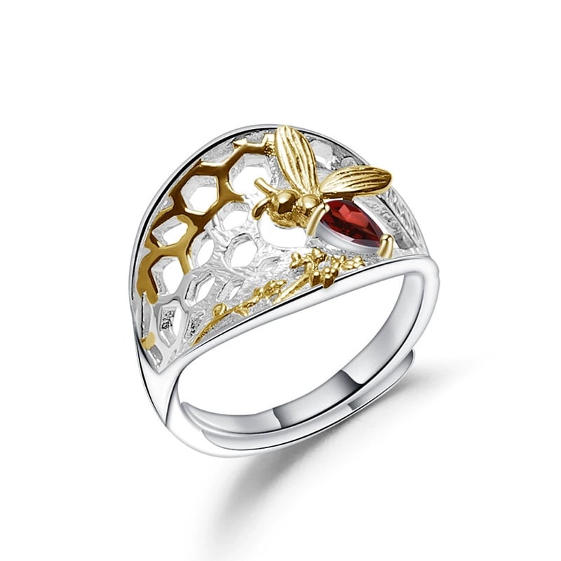 925 Sterling Silver Natural Garnet & Bees Ring - 4