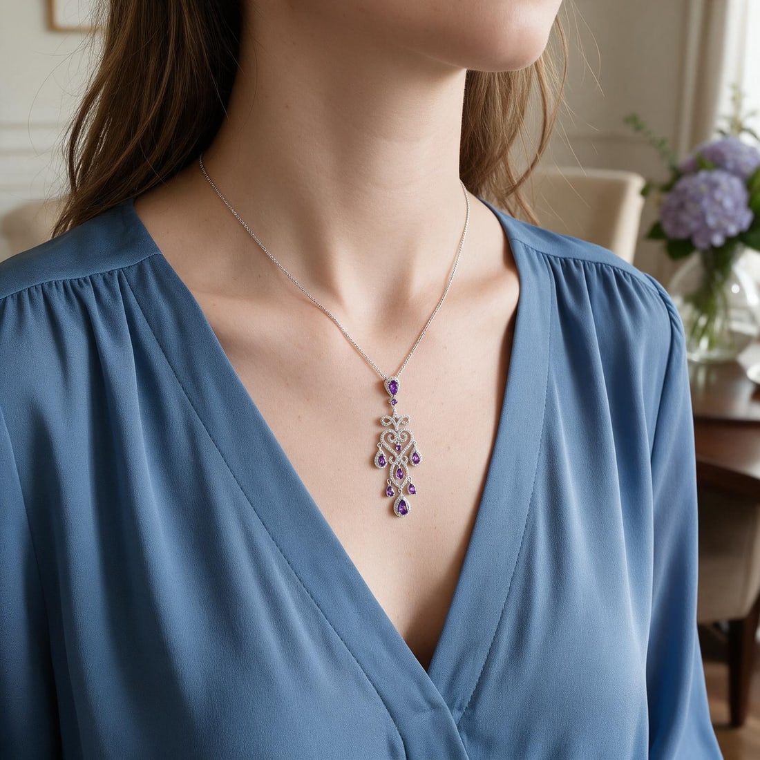 925 Sterling Silver Natural Amethyst & Cubic Zirconia Necklace - 5