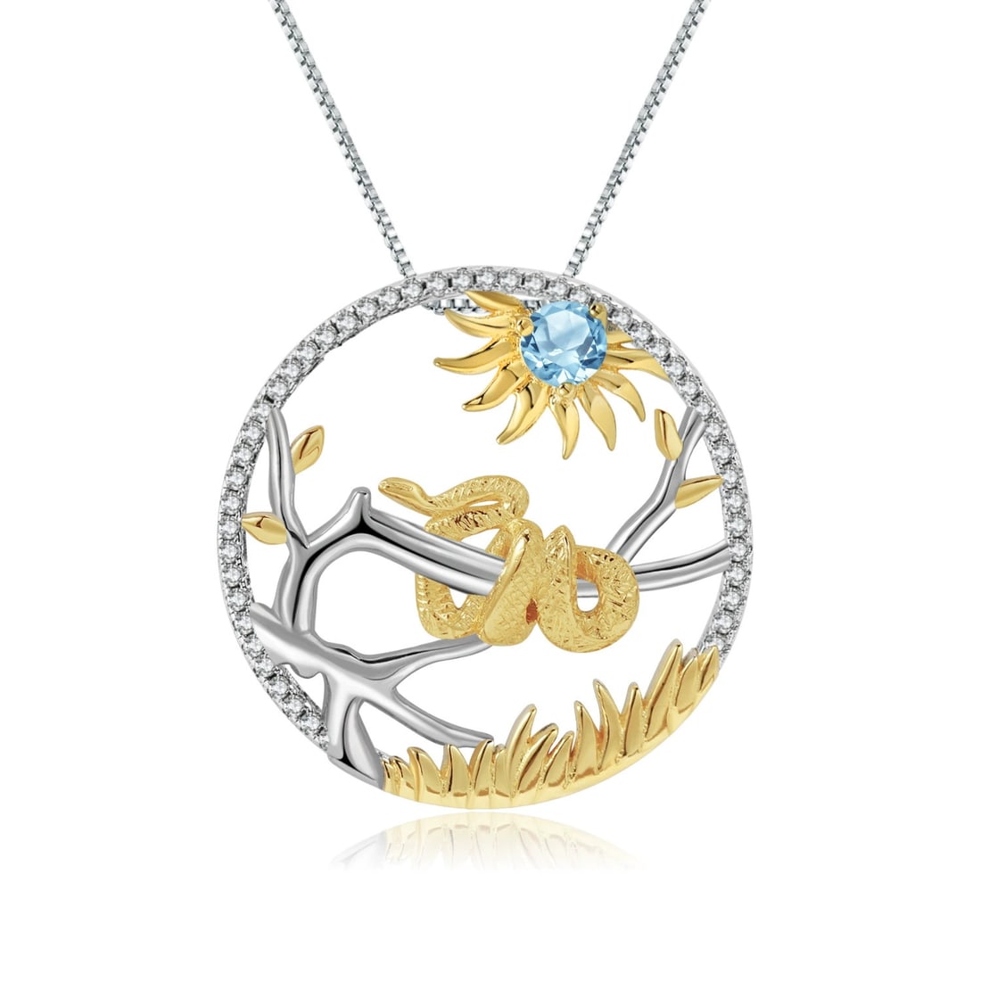 925 Sterling Silver Natural Topaz & Cubic Zirconia & Snake Necklace: Ref:260821165 // gold content:925 sterling silver // main gemstone:topaz // shape:round // carat weight: // color:blue // treatment:natural // cut grade:g // // adjacent gemstone 2 : cubic zirconia