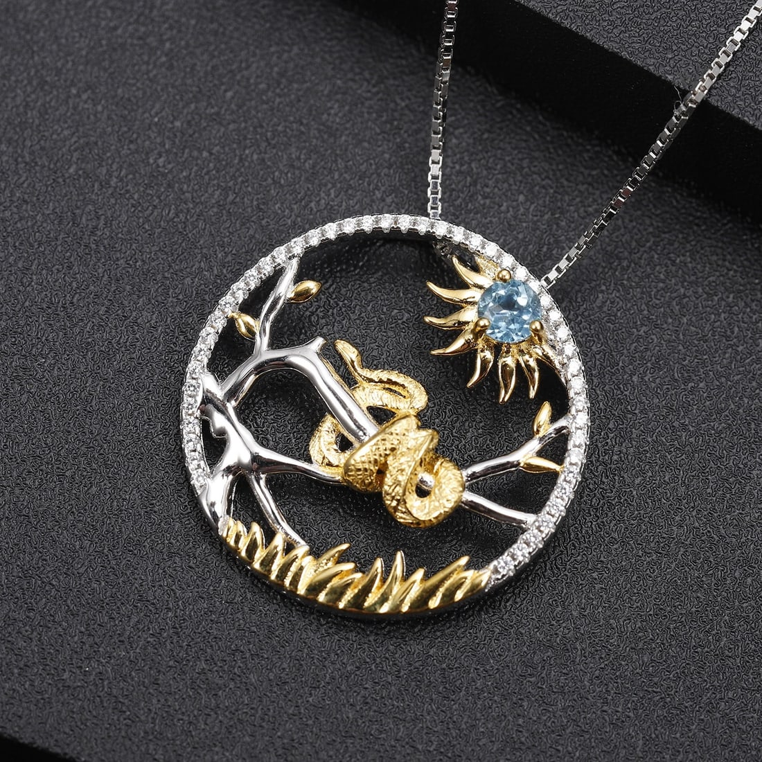 925 Sterling Silver Natural Topaz & Cubic Zirconia & Snake Necklace - 3