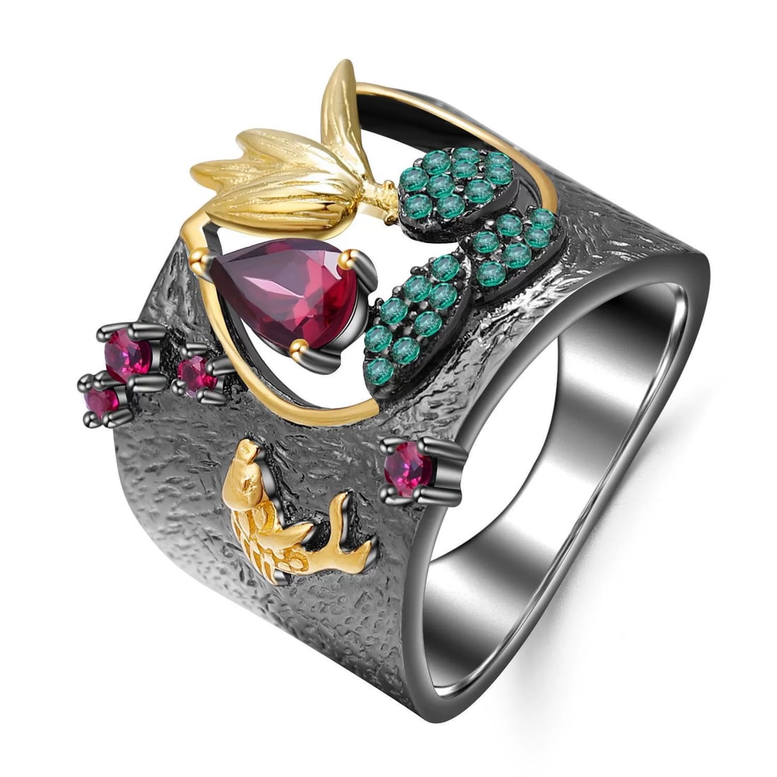 925 Sterling Silver Natural Rhodolite Garnet & Synthetic Ruby & Nano Emerald Ring: Ref:260821169 // gold content:925 sterling silver // ring size:7. 25us // // main gemstone:rhodolite garnet // shape:pear // carat weight: // color:red // treatment:natural // // adjacent gemstone 2 :