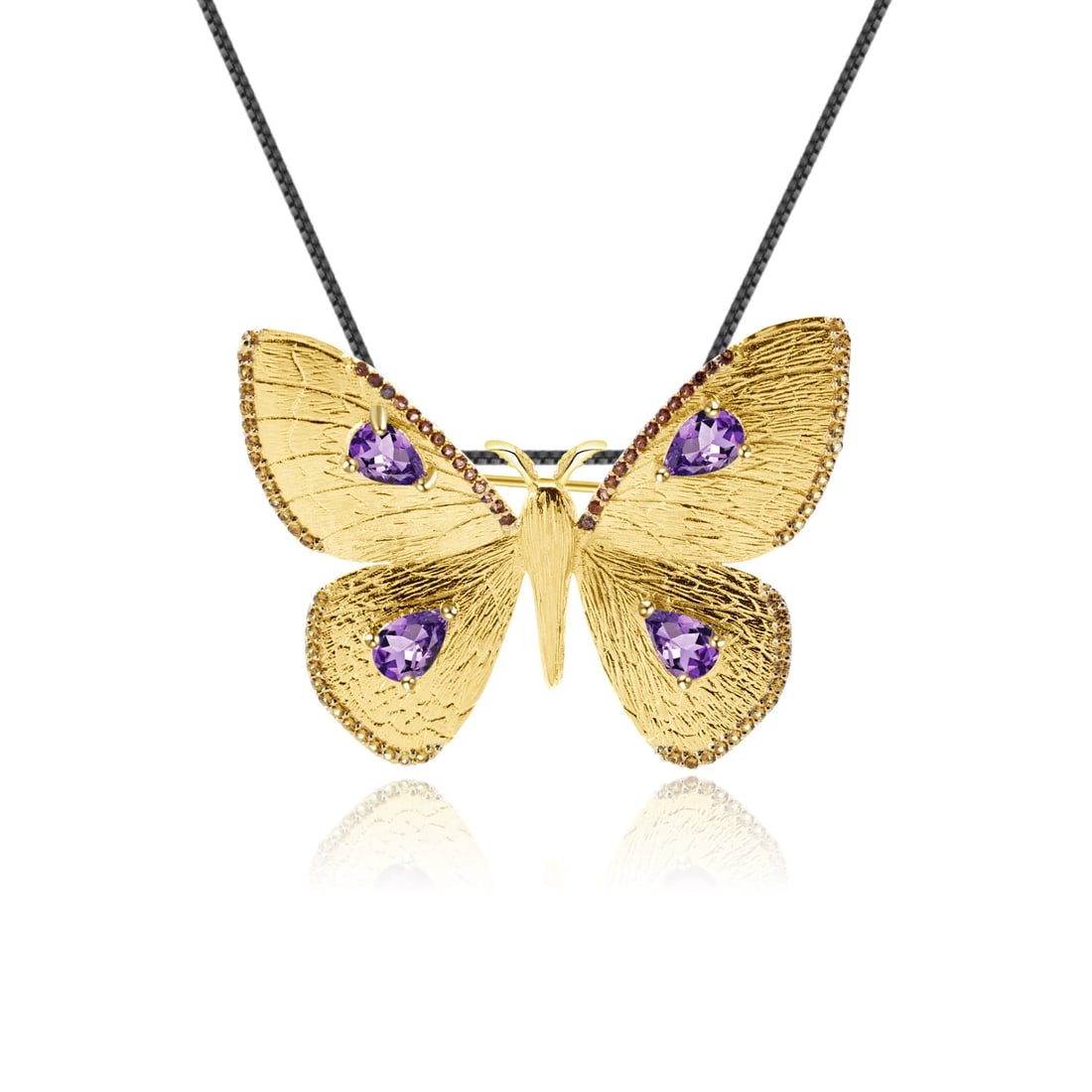 925 Sterling Silver Natural Amethyst & Nano Citrine & Butterfly Necklace: Ref:260821174 // gold content:925 sterling silver // main gemstone:amethyst // shape:pear // carat weight: // color:purple // treatment:natural // // adjacent gemstone 2 : nano citrine // shape:round