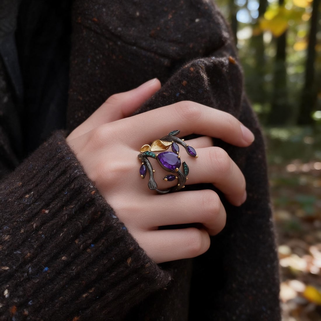 925 Sterling Silver Natural Amethyst & Nano Emerald Ring - 5