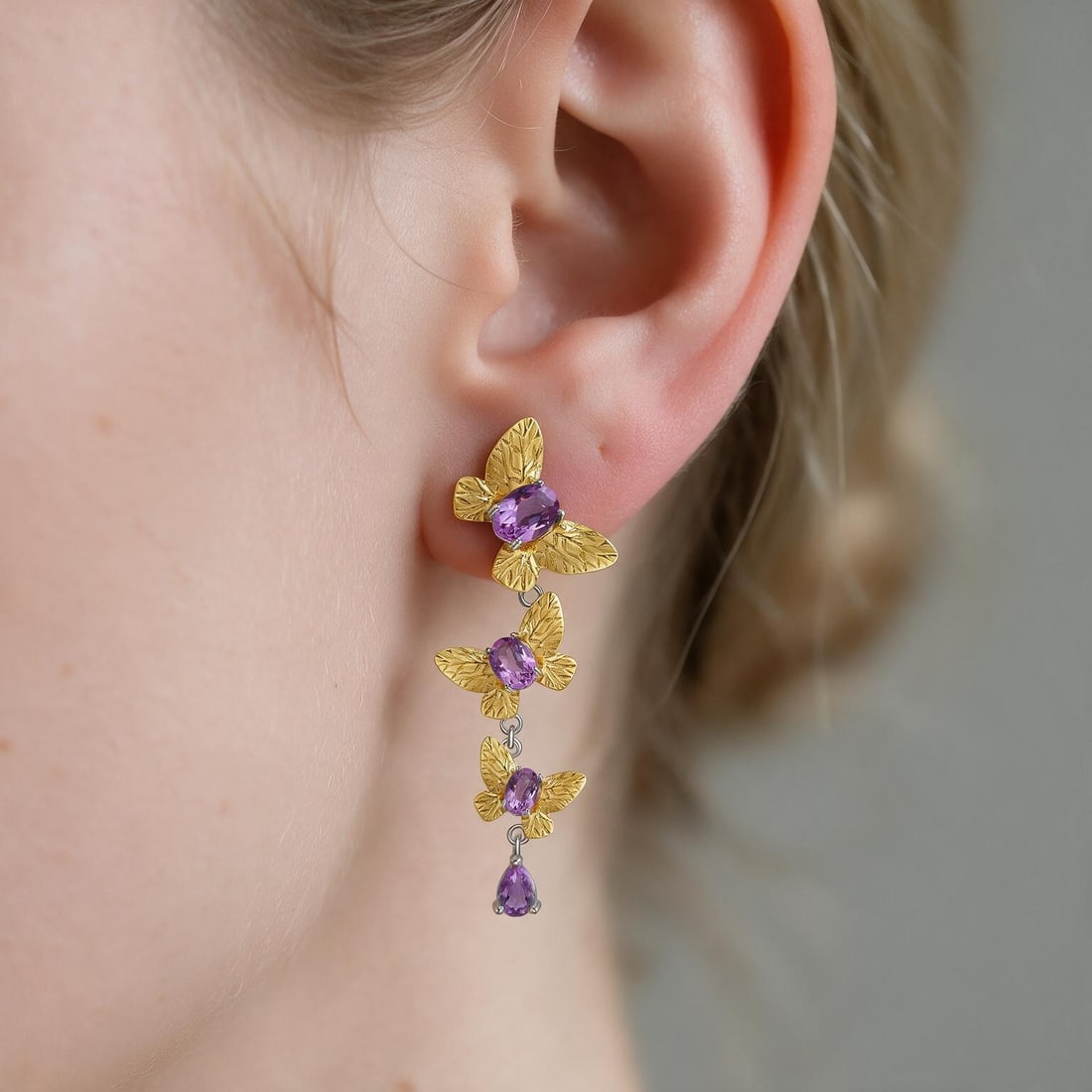 925 Sterling Silver Natural Amethyst & Butterfly Earrings - 4