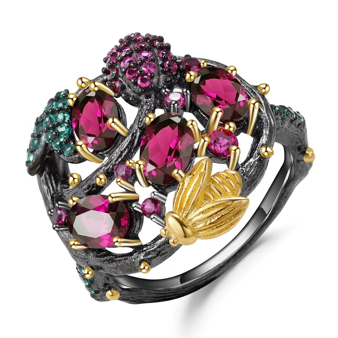 925 Sterling Silver Natural Rhodolite Garnet & Lab Created Ruby & Nano Emerald Ring: Ref:260821190 // gold content:925 sterling silver // ring size:7. 25us // // main gemstone:rhodolite garnet // shape:oval // carat weight: // color:red // treatment:natural // // adjacent gemstone 2