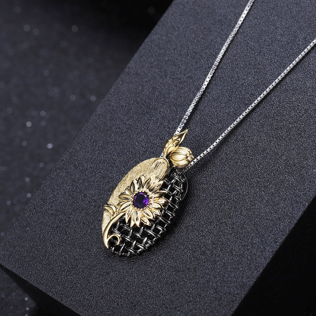 925 Sterling Silver Natural Amethyst & Flowers Necklace - 4