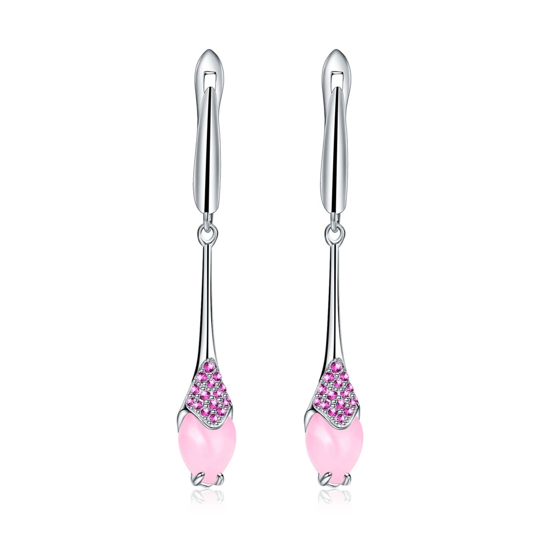 925 Sterling Silver Natural Pink Chalcedony & Synthetic Ruby Earrings: Ref:260821205 // gold content:925 sterling silver // main gemstone:pink chalcedony // shape:pear // carat weight: // color:pink // treatment:natural // // adjacent gemstone 2 : synthetic ruby //