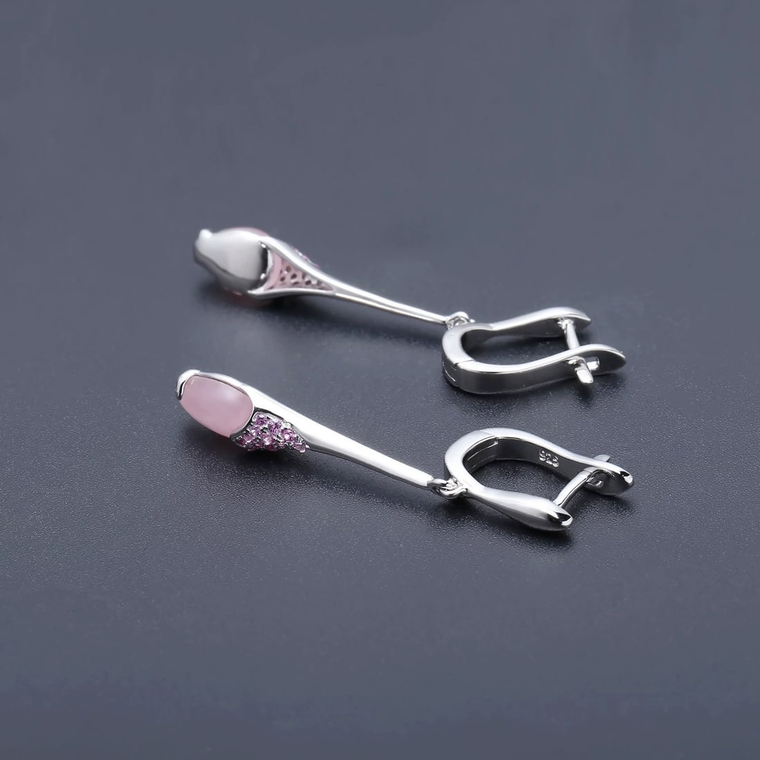 925 Sterling Silver Natural Pink Chalcedony & Synthetic Ruby Earrings - 3