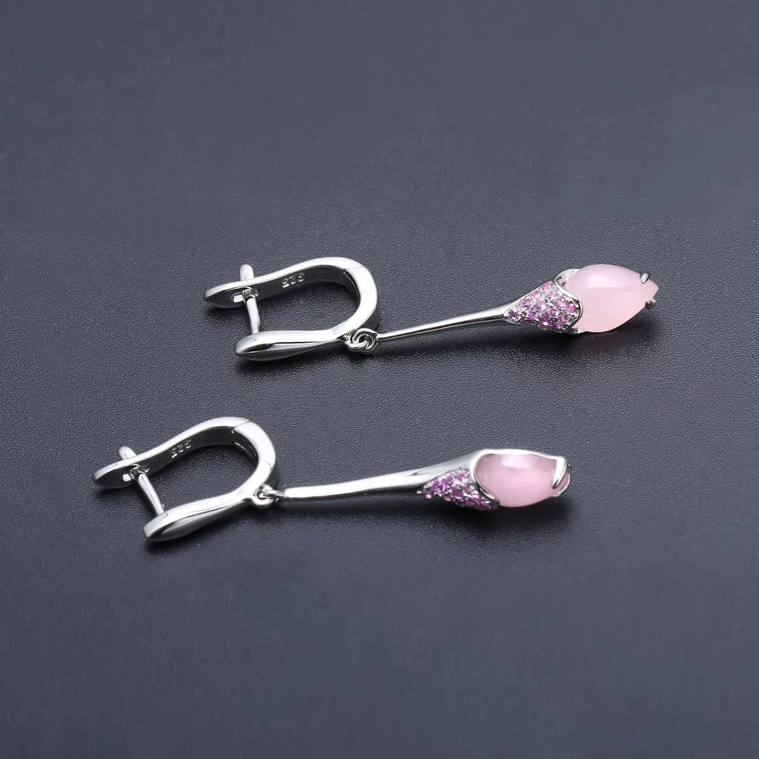 925 Sterling Silver Natural Pink Chalcedony & Synthetic Ruby Earrings - 4