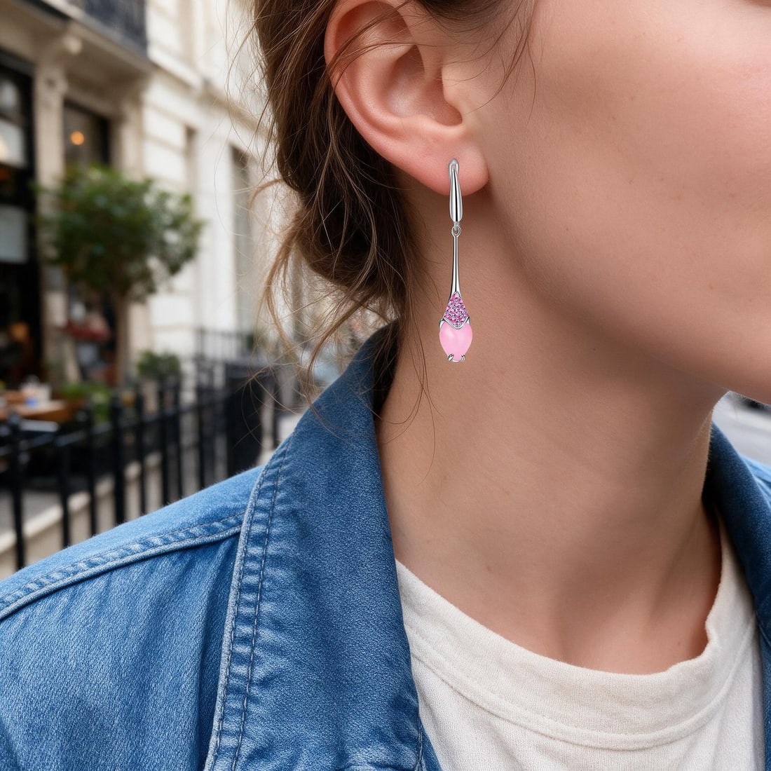 925 Sterling Silver Natural Pink Chalcedony & Synthetic Ruby Earrings - 6
