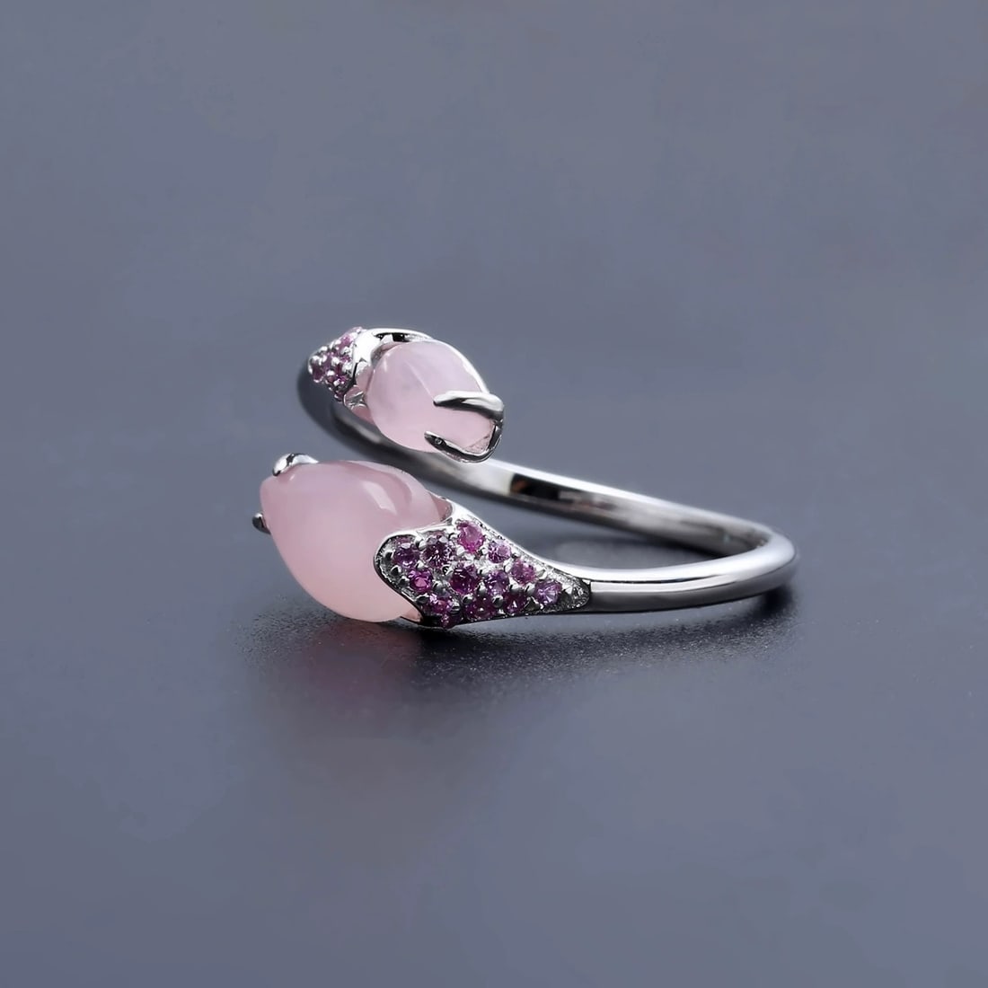 925 Sterling Silver Natural Pink Chalcedony & Synthetic Ruby Ring - 2