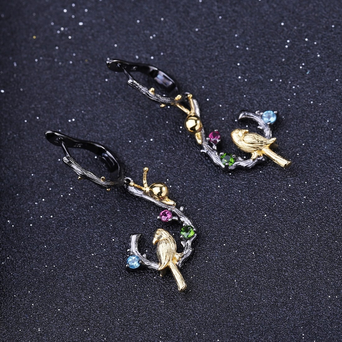 925 Sterling Silver Natural Topaz & Chrome Diopside & Rhodolite Garnet & Bird Earrings - 2