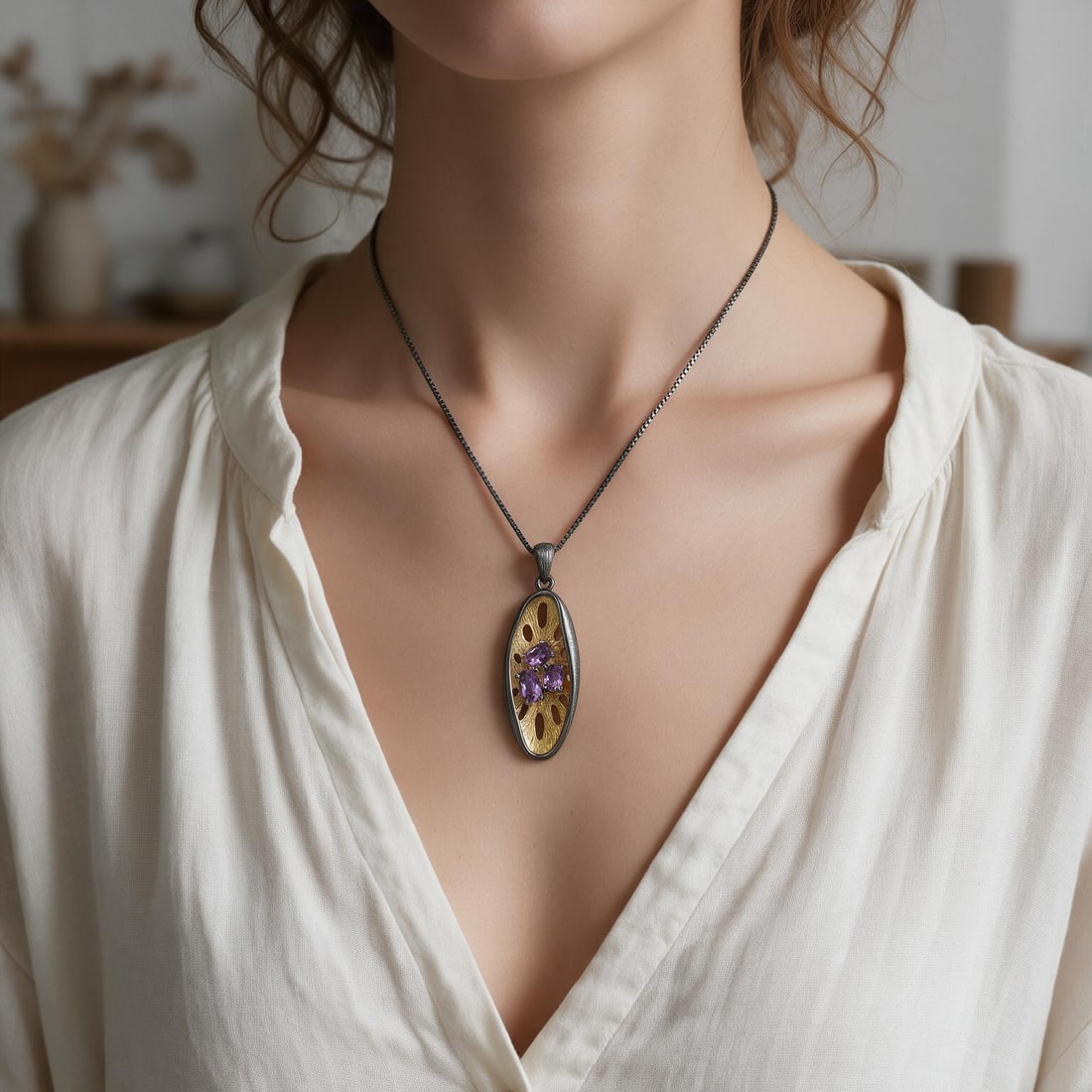 925 Sterling Silver Natural Amethyst Necklace - 5