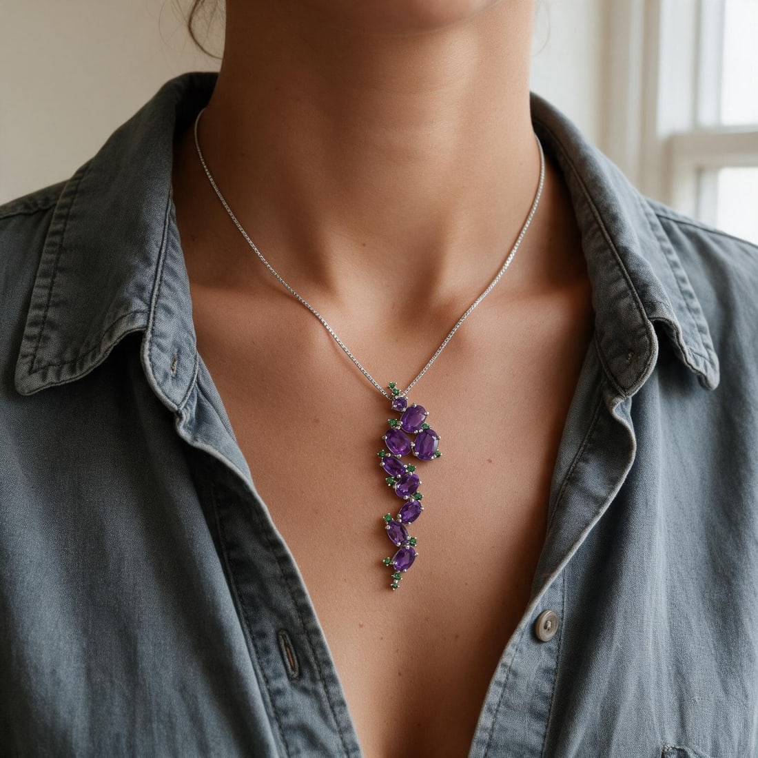 925 Sterling Silver Natural Amethyst & Nano Emerald Necklace - 6
