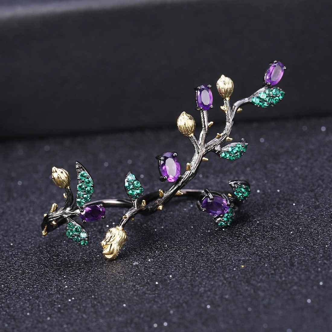 925 Sterling Silver Natural Amethyst & Nano Emerald Ring - 2