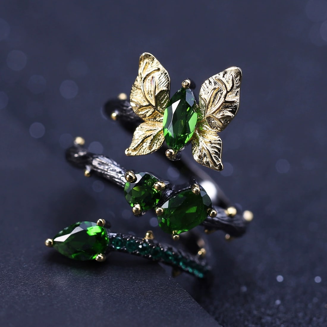 925 Sterling Silver Natural Chrome Diopside & Nano Emerald & Butterfly Ring: Ref:260821241 // gold content:925 sterling silver // ring size:7. 25us // // main gemstone:chrome diopside // number of stones:4 // shape:multiple // carat weight: // color:green // treatment:natural