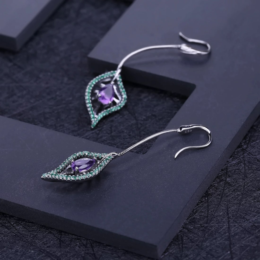 925 Sterling Silver 1.4 Ct Natural Amethyst & Nano Emerald Earrings - 2