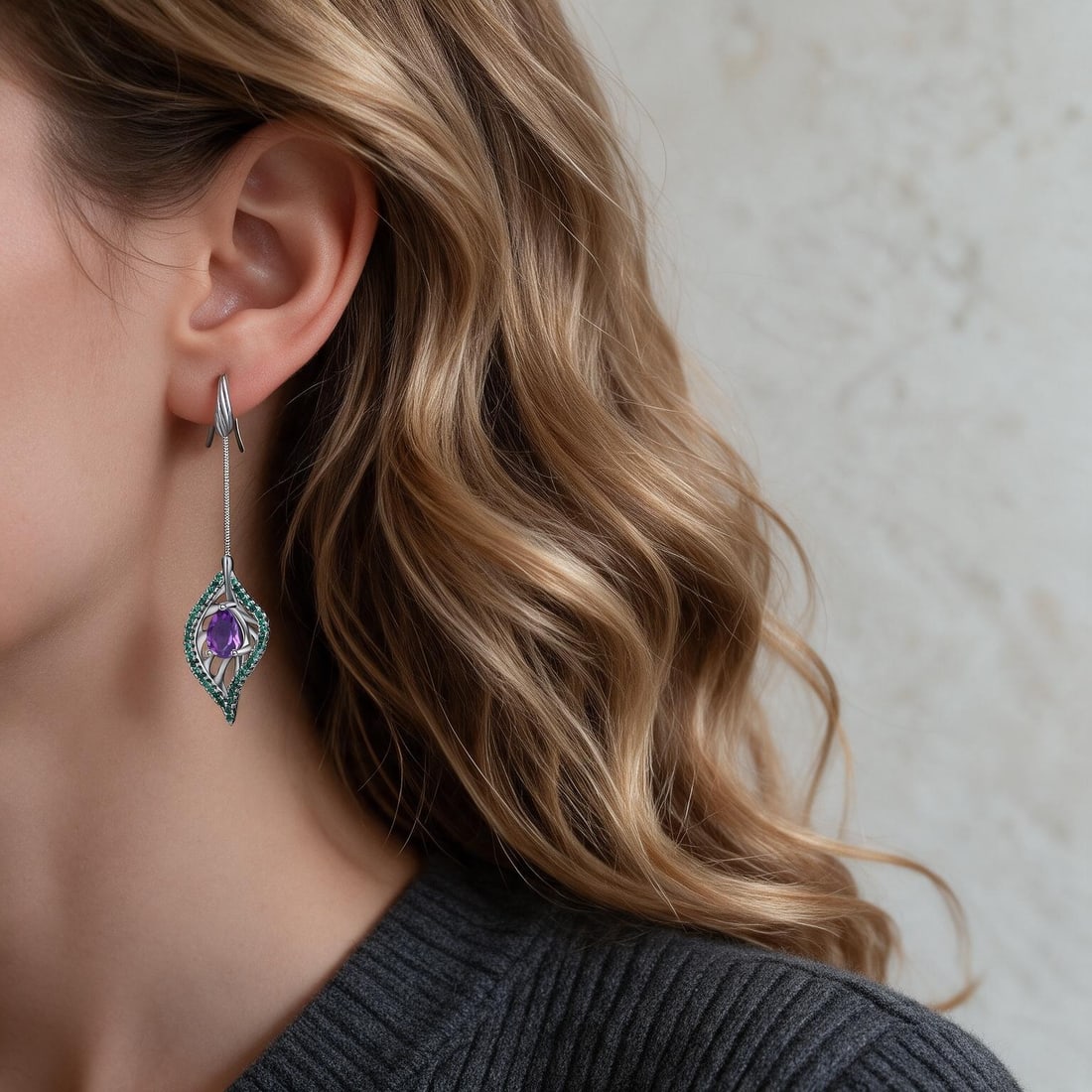 925 Sterling Silver 1.4 Ct Natural Amethyst & Nano Emerald Earrings - 5