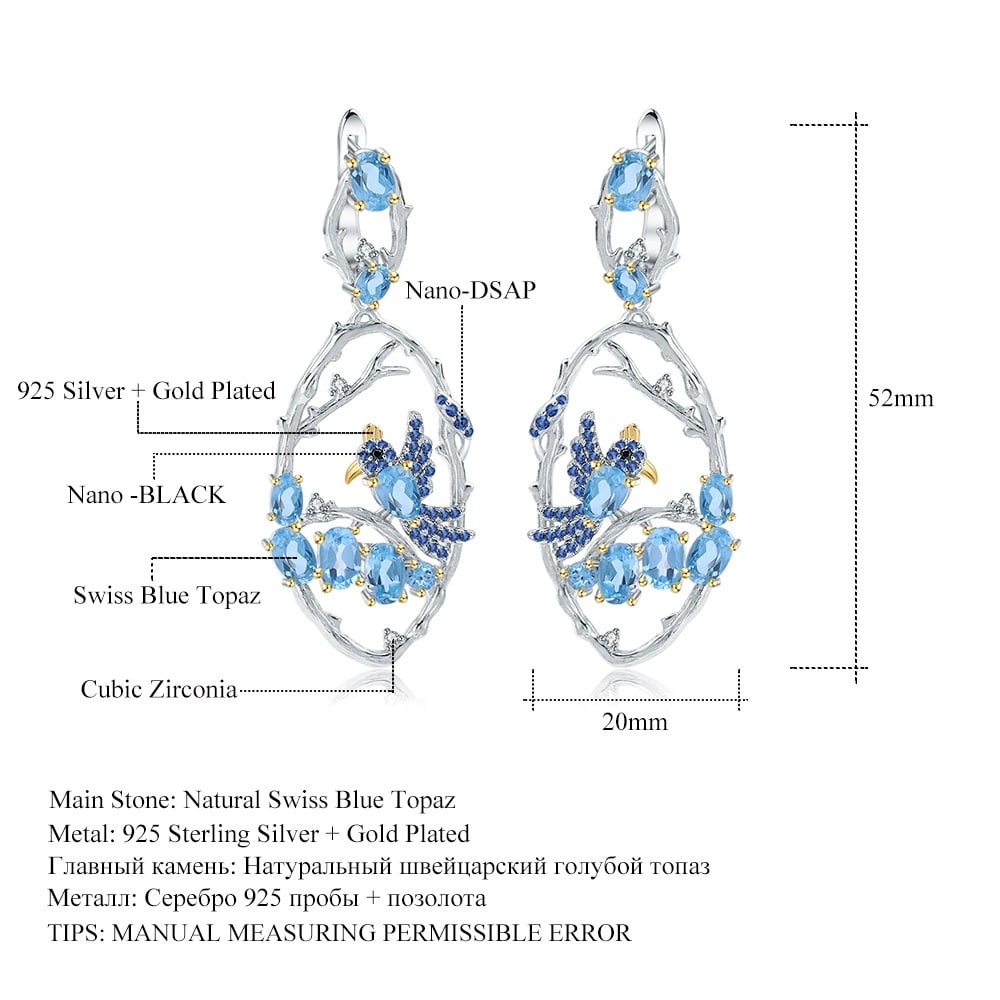 925 Sterling Silver Natural Topaz & Cubic Zirconia & Nano Sapphire & Bird Earrings - 3