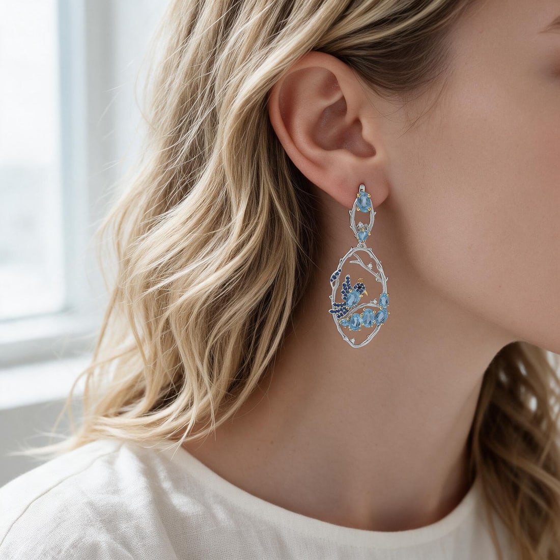 925 Sterling Silver Natural Topaz & Cubic Zirconia & Nano Sapphire & Bird Earrings - 6