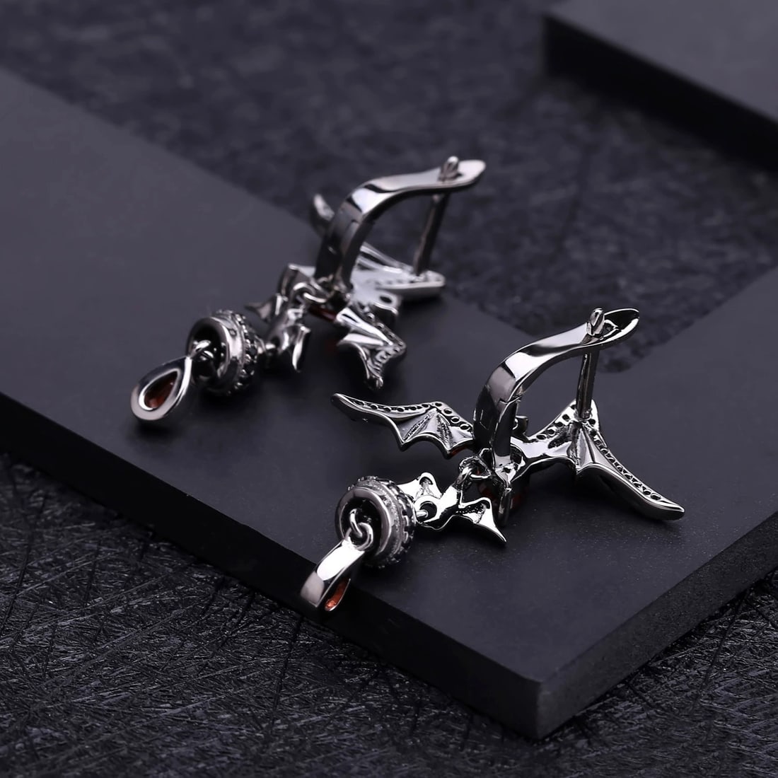 925 Sterling Silver Natural Garnet & Bat Earrings - 2
