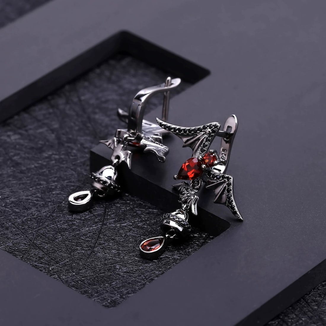 925 Sterling Silver Natural Garnet & Bat Earrings - 5