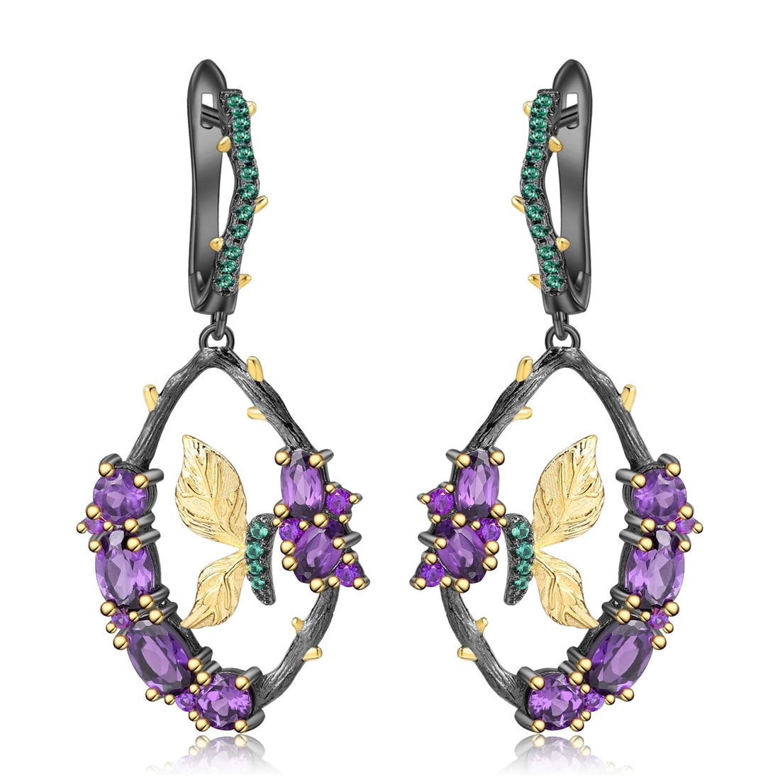 925 Sterling Silver Natural Amethyst & Nano Emerald & Butterfly Earrings: Ref:260821240 // gold content:925 sterling silver // main gemstone:amethyst // shape:multiple // carat weight: // color:purple // treatment:natural // // adjacent gemstone 2 : nano emerald //