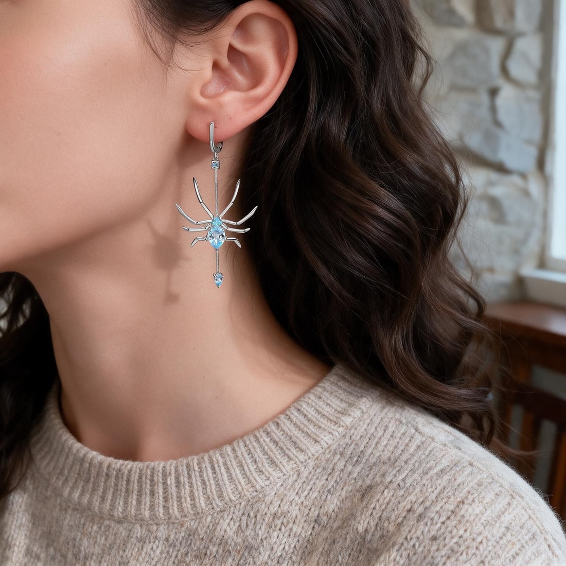925 Sterling Silver 5.48 Ct Natural Topaz & Nano Swiss Blue & Spider Earrings - 6