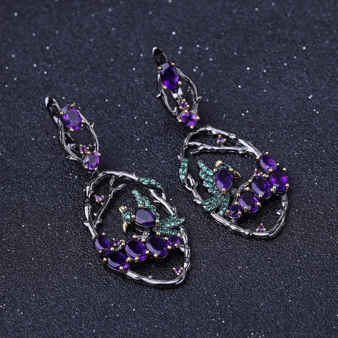 925 Sterling Silver Natural Amethyst & Nano Emerald Earrings - 2