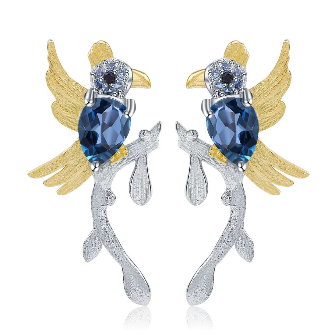 925 Sterling Silver Natural Topaz & Nano London Blue & Bird Earrings: Ref:260821235 // gold content:925 sterling silver // main gemstone:topaz // shape:pear // carat weight: // color:blue // treatment:natural // // adjacent gemstone 2 : nano london blue // shape:round