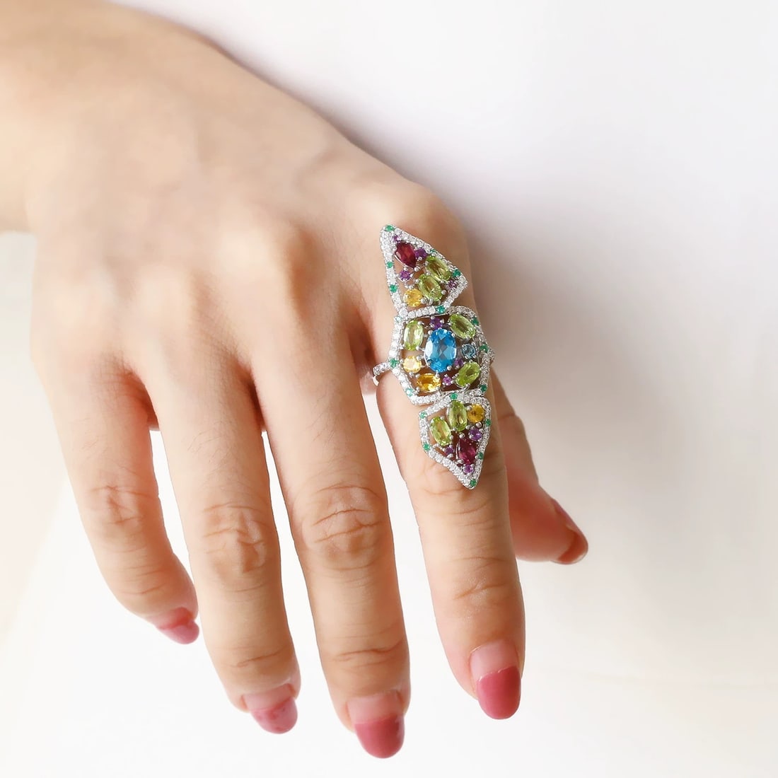 925 Sterling Silver Natural Topaz & Peridot & Rhodolite Garnet & Citrine & Amethyst Ring - 3
