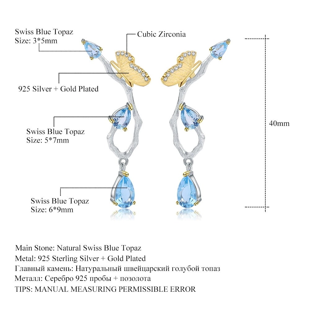 925 Sterling Silver Natural Topaz & Cubic Zirconia & Butterfly Earrings - 4