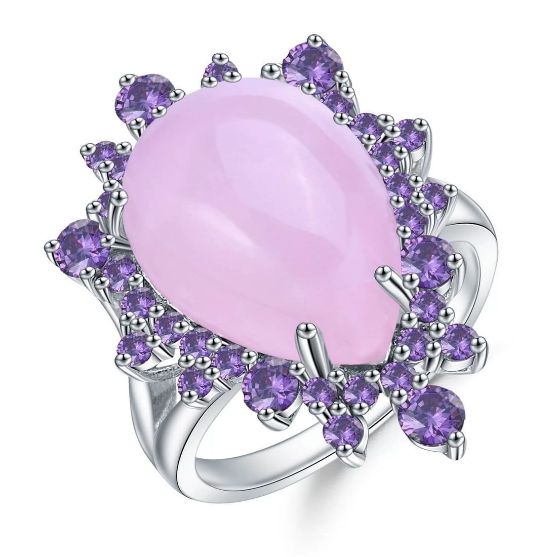 925 Sterling Silver Natural Pink Chalcedony & Amethyst Ring: Ref:260821239 // gold content:925 sterling silver // ring size:7. 25us // // main gemstone:pink chalcedony // shape:pear // carat weight: // color:pink // treatment:natural // // adjacent gemstone 2