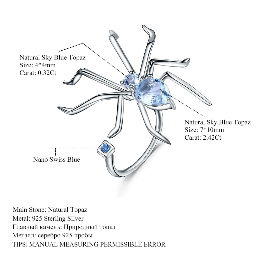 925 Sterling Silver 2.74 Ct Natural Topaz & Nano Swiss Blue & Spider Ring - 2