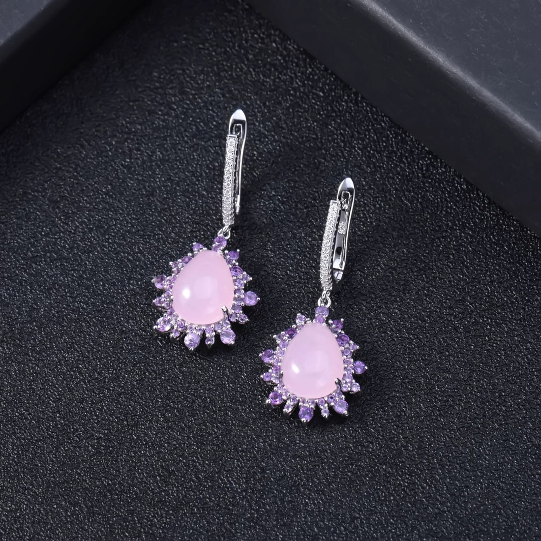 925 Sterling Silver Natural Pink Chalcedony & Amethyst Earrings - 4