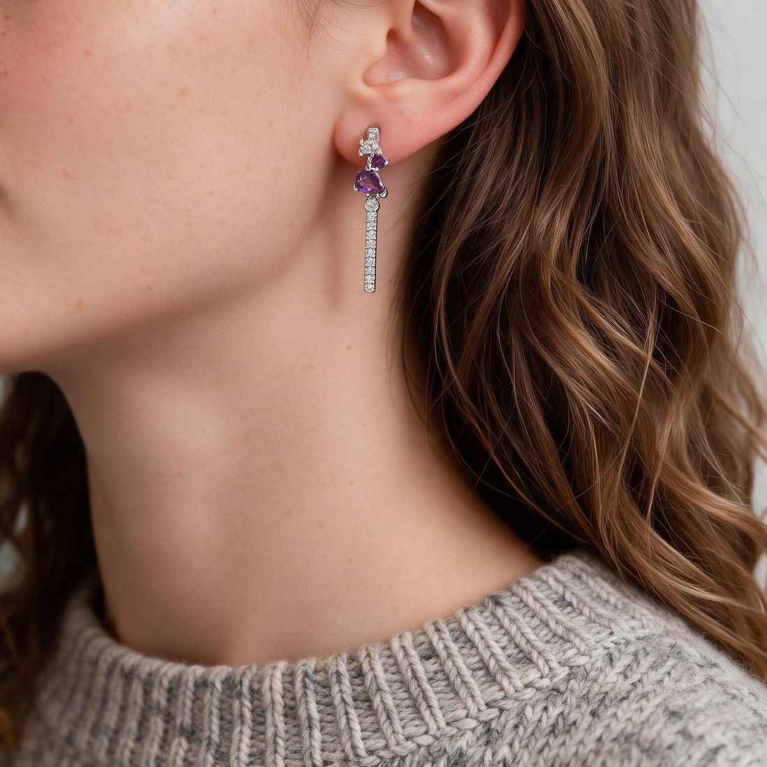 925 Sterling Silver Natural Amethyst & Cubic Zirconia Earrings - 6