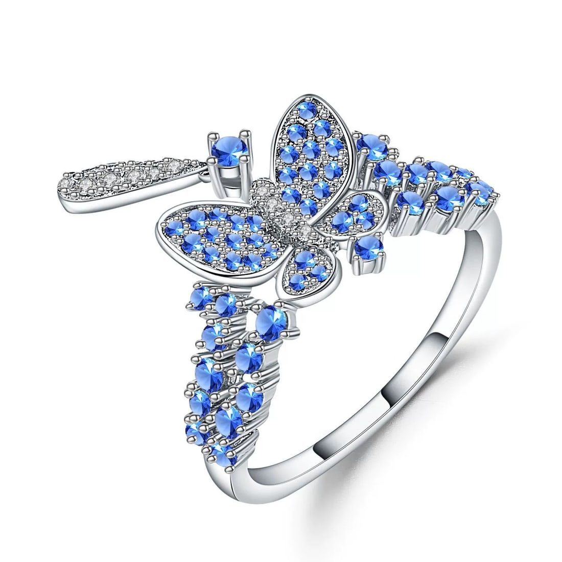 925 Sterling Silver Nano Swiss Blue & Cubic Zirconia & Butterfly Ring: Ref:260821263 // gold content:925 sterling silver // ring size:7. 25us // // main gemstone:nano swiss blue // shape:round // carat weight: // color:blue // cut grade:g // // adjacent gemstone 2 : cubi
