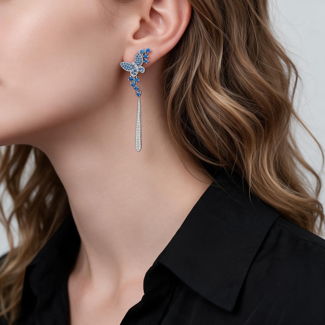 925 Sterling Silver Nano Swiss Blue & Cubic Zirconia & Butterfly Earrings - 6