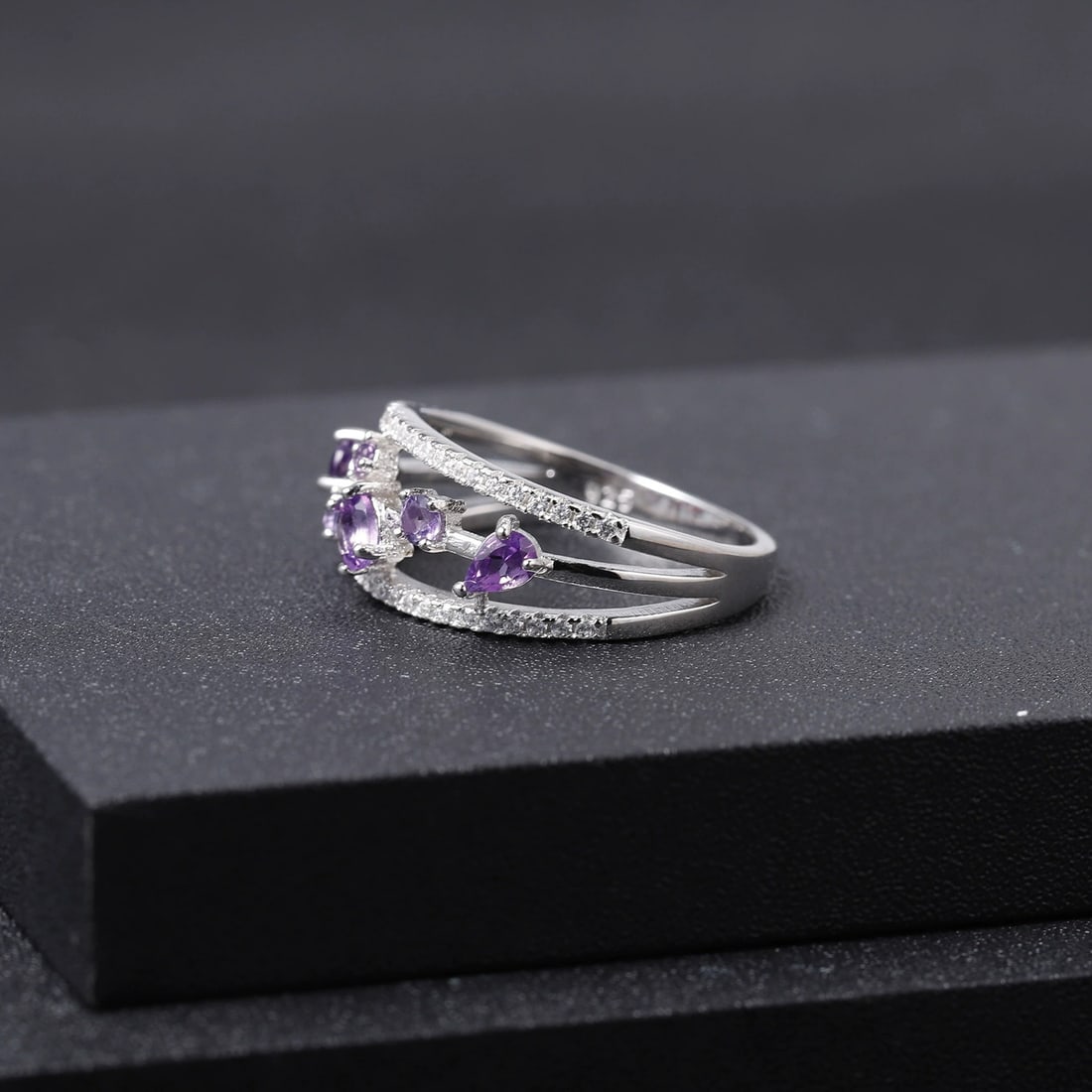 925 Sterling Silver Natural Amethyst & Cubic Zirconia Ring - 6