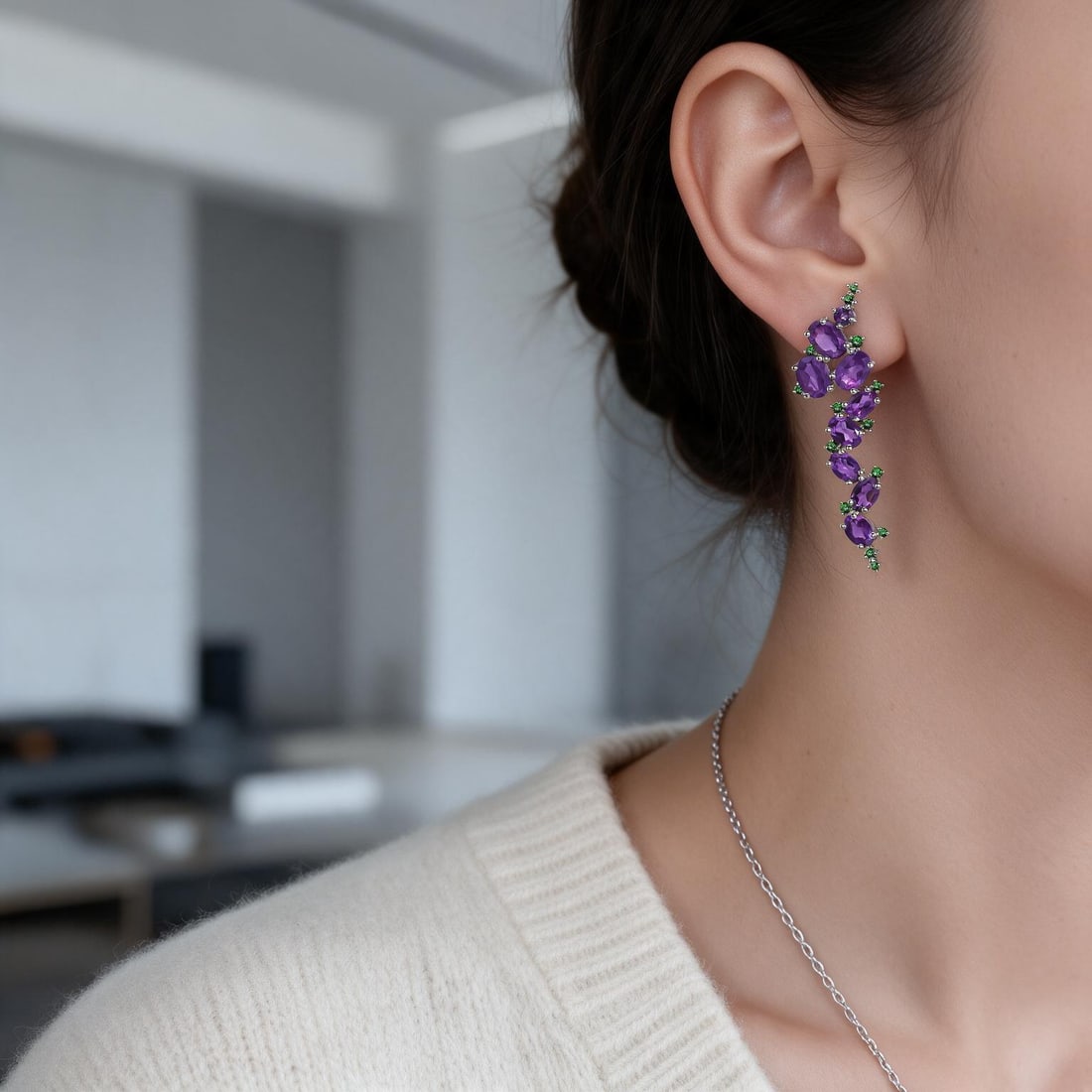 925 Sterling Silver Natural Amethyst & Nano Emerald Earrings - 6