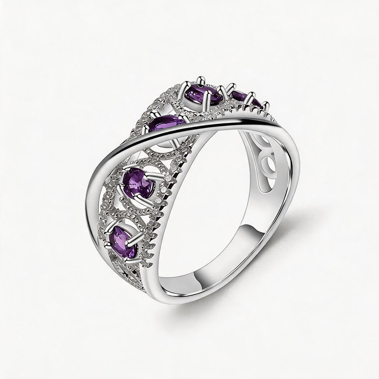 925 Sterling Silver Natural Amethyst & Cubic Zirconia Ring: Ref:260821290 // gold content:925 sterling silver // ring size:7. 25us // // main gemstone:amethyst // shape:oval // carat weight: // color:purple // treatment:natural // // adjacent gemstone 2 :