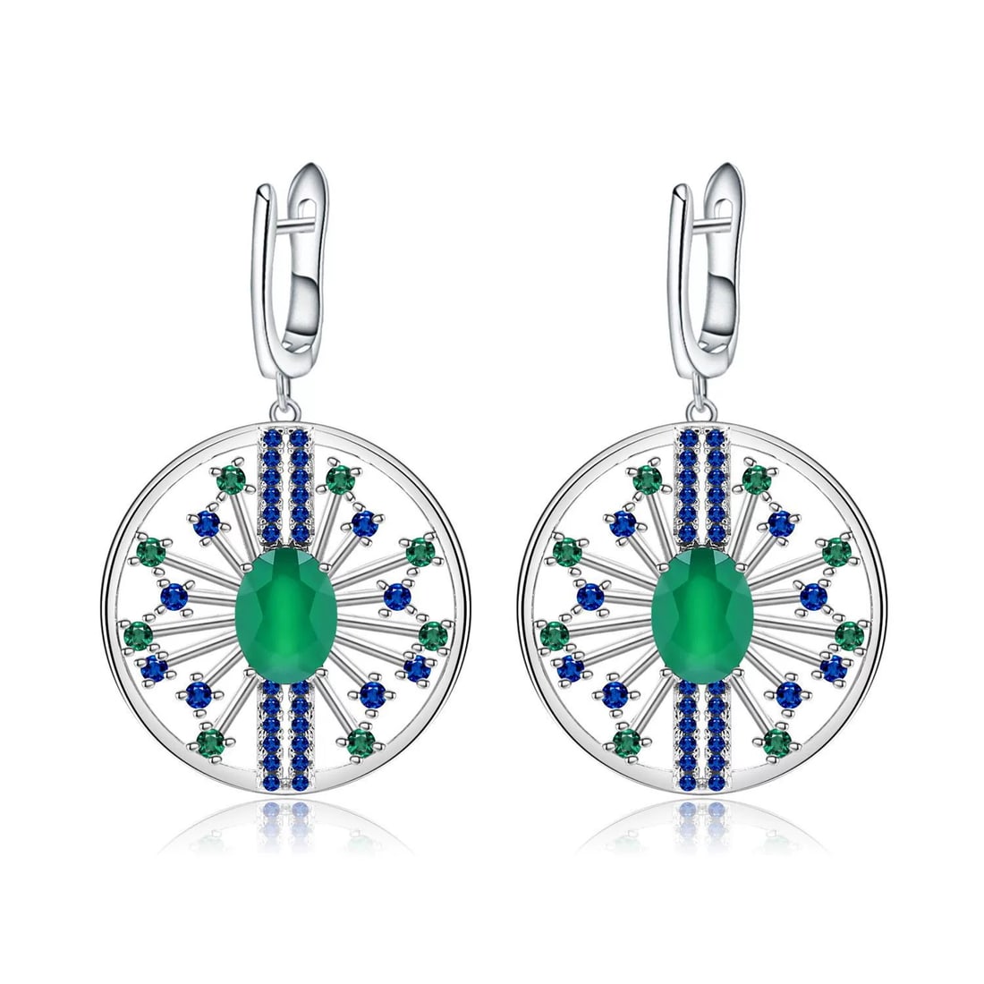 925 Sterling Silver 2.58 Ct Natural Agate & Nano Swiss Blue & Nano Emerald Earrings: Ref:260821275 // gold content:925 sterling silver // main gemstone:agate // number of stones:2 // shape:oval // carat weight:2. 58ct // color:green // treatment:natural // // adjacent gemstone 2 :