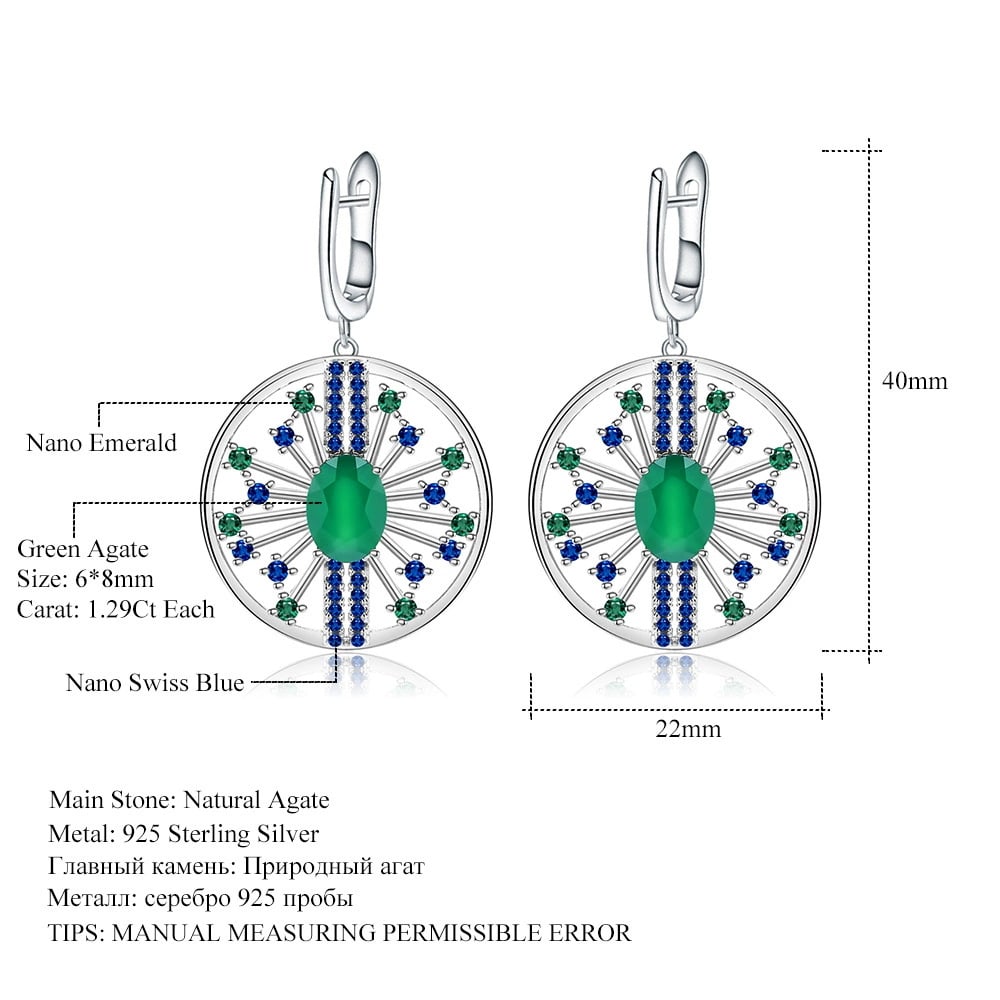 925 Sterling Silver 2.58 Ct Natural Agate & Nano Swiss Blue & Nano Emerald Earrings - 2