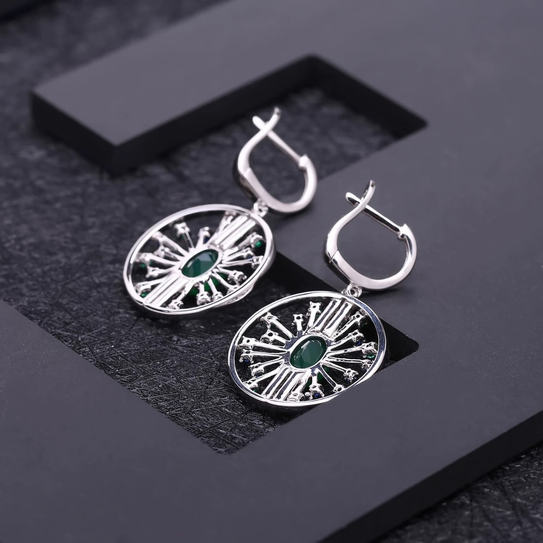 925 Sterling Silver 2.58 Ct Natural Agate & Nano Swiss Blue & Nano Emerald Earrings - 3