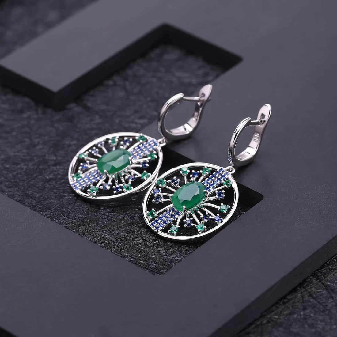 925 Sterling Silver 2.58 Ct Natural Agate & Nano Swiss Blue & Nano Emerald Earrings - 4