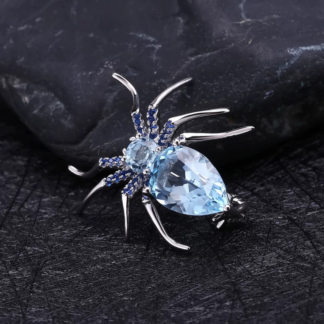 925 Sterling Silver 5.96 Ct Natural Topaz & Nano Swiss Blue & Spider Brooch - 3