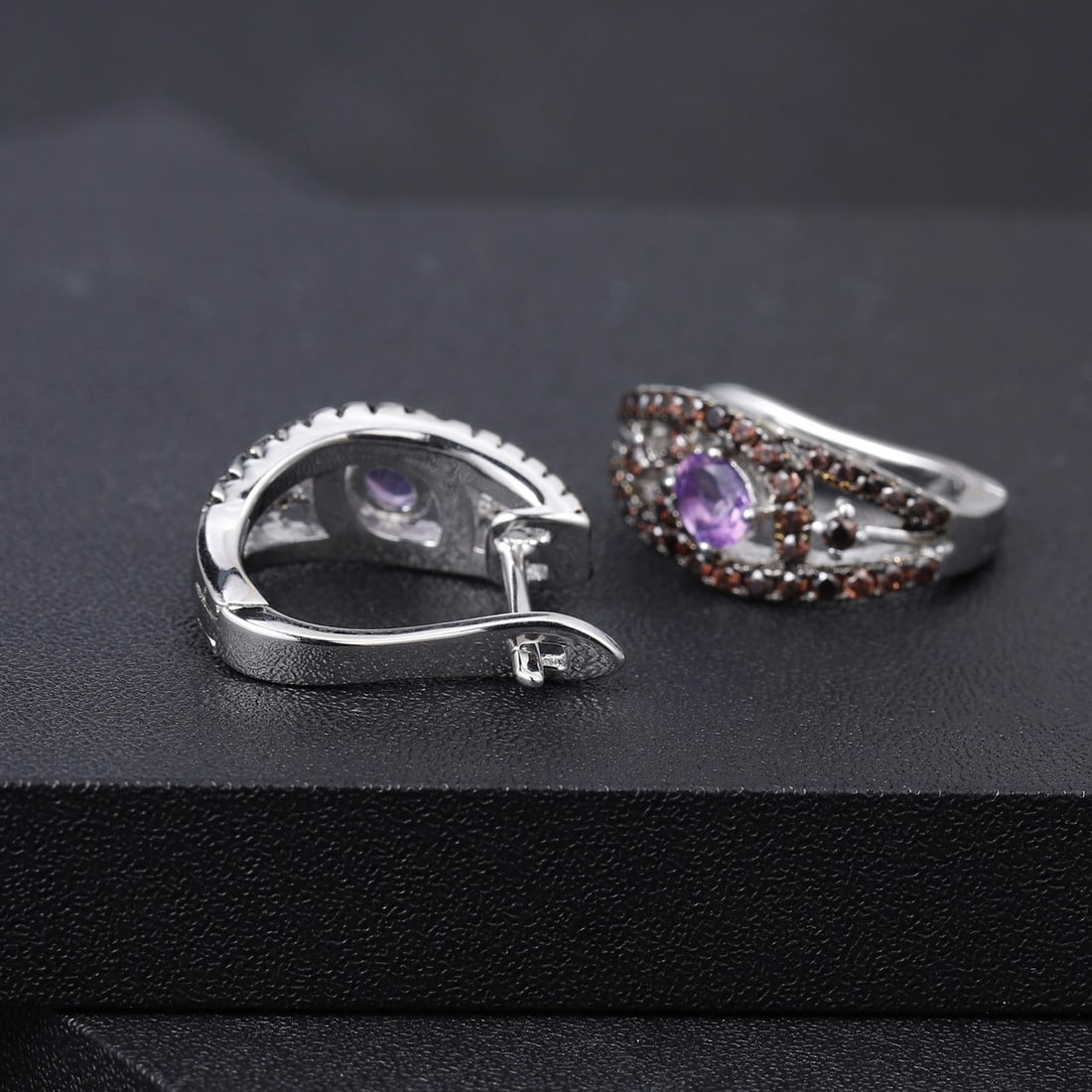 925 Sterling Silver Natural Amethyst & Nano Smoky Earrings - 3