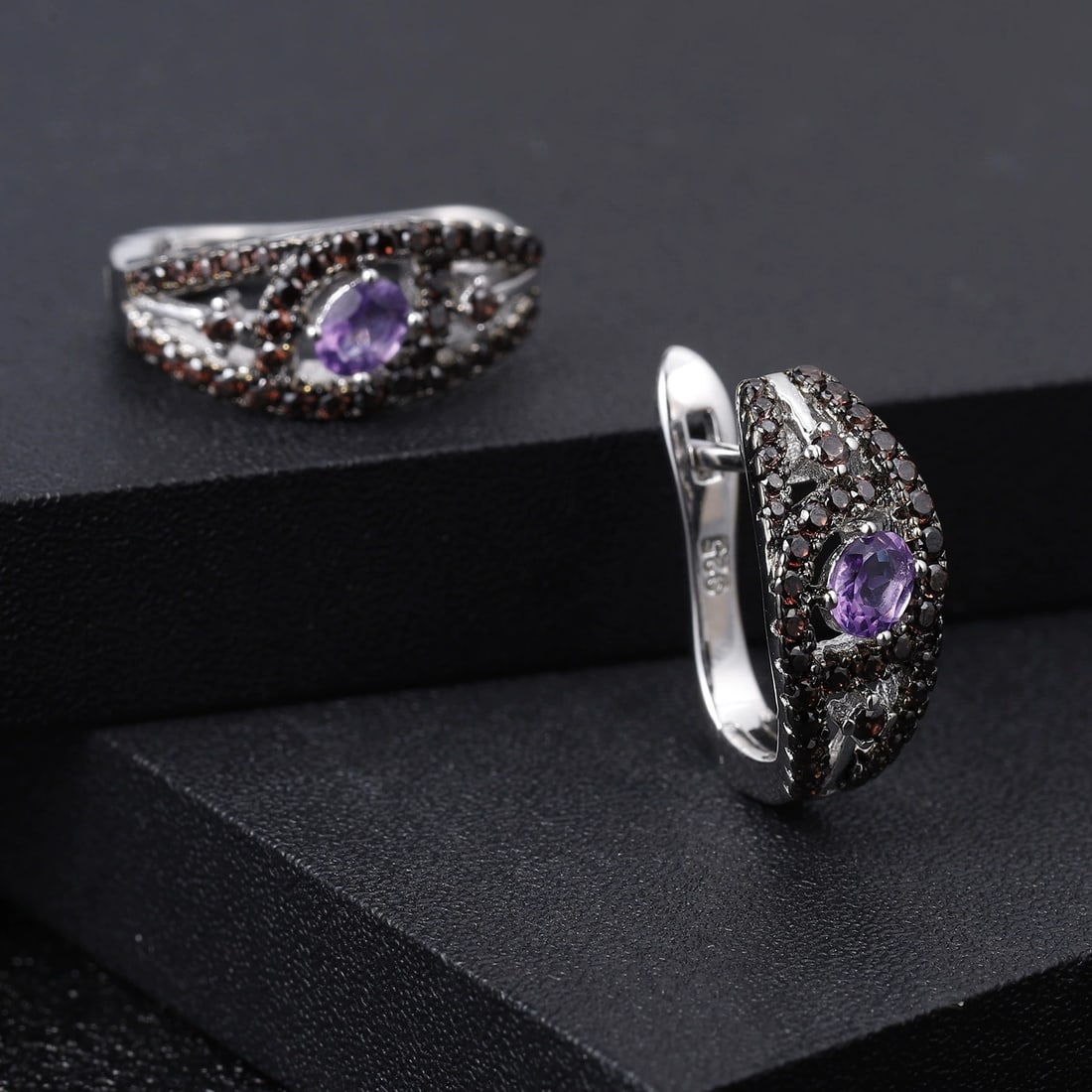 925 Sterling Silver Natural Amethyst & Nano Smoky Earrings - 4