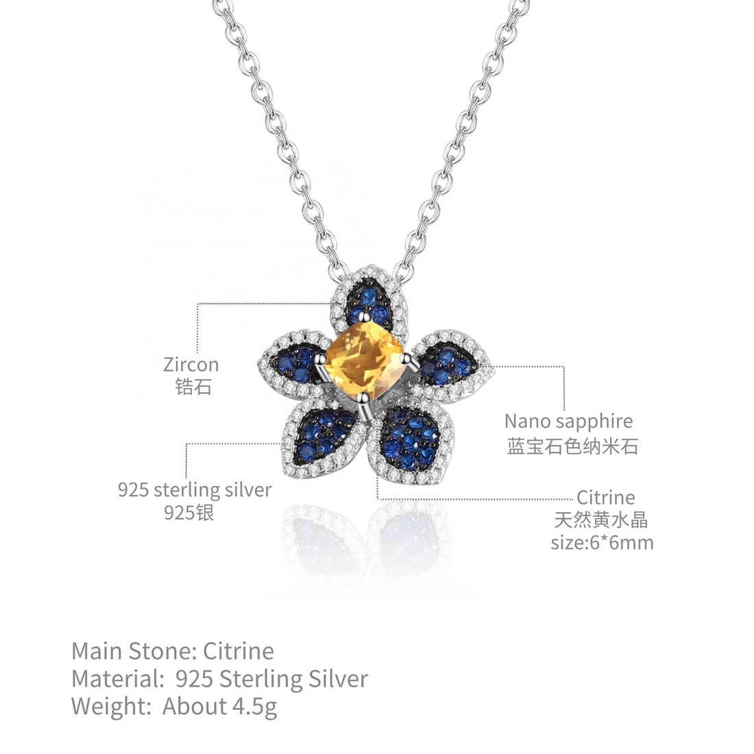 925 Sterling Silver Natural Citrine & Nano Sapphire & Zircon & Flowers Necklace - 2