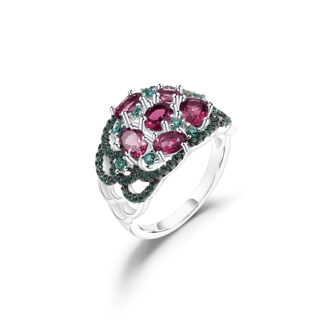 925 Sterling Silver Natural Rhodolite Garnet & Nano Emerald Ring: Ref:260821296 // gold content:925 sterling silver // ring size:7. 25us // // main gemstone:rhodolite garnet // shape:oval // carat weight: // color:red // treatment:natural // // adjacent gemstone 2